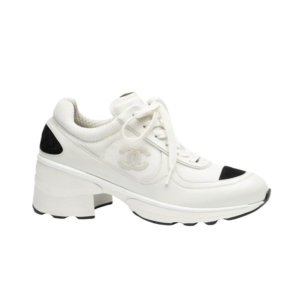 샤넬 믹스드 파이버 샤이니 카프스킨 스웨이드 카프스킨 스니커즈 화이트 블랙